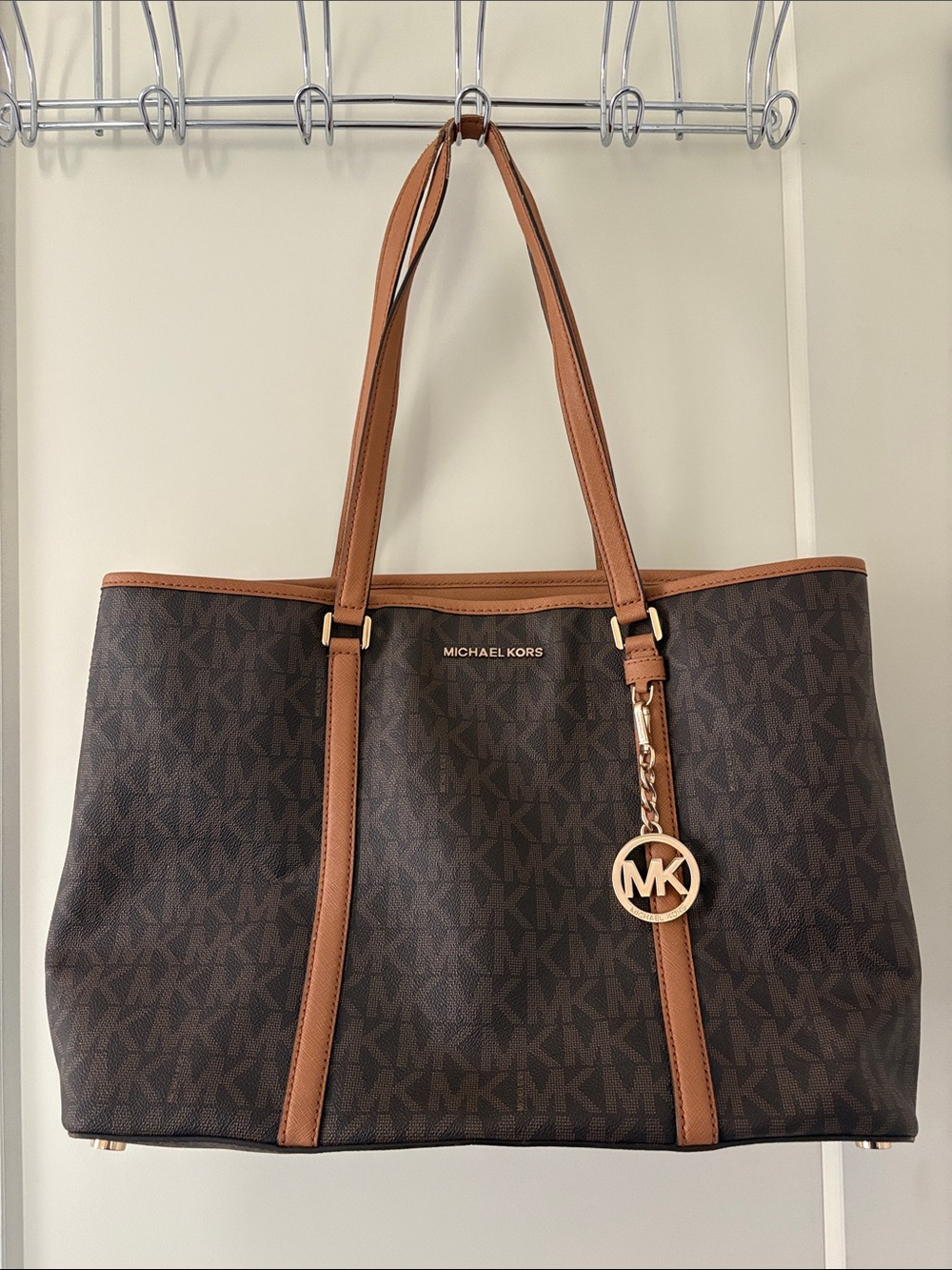 Michael Kors Brown & Tan Monogram Tote with Gold MK Charm